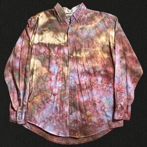 Vintage Men's Large Relaxed Fit Long Sleeve Button Down Tie Dye Shirt Brown Pink